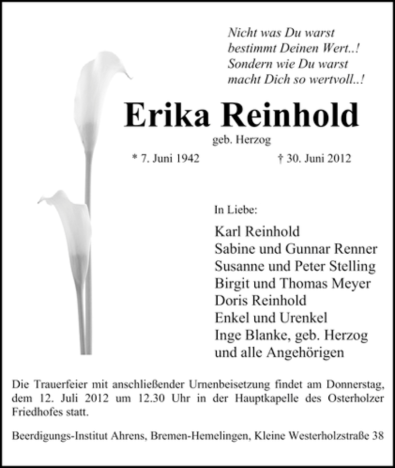 Traueranzeige von Erika Reinhold von WESER-KURIER