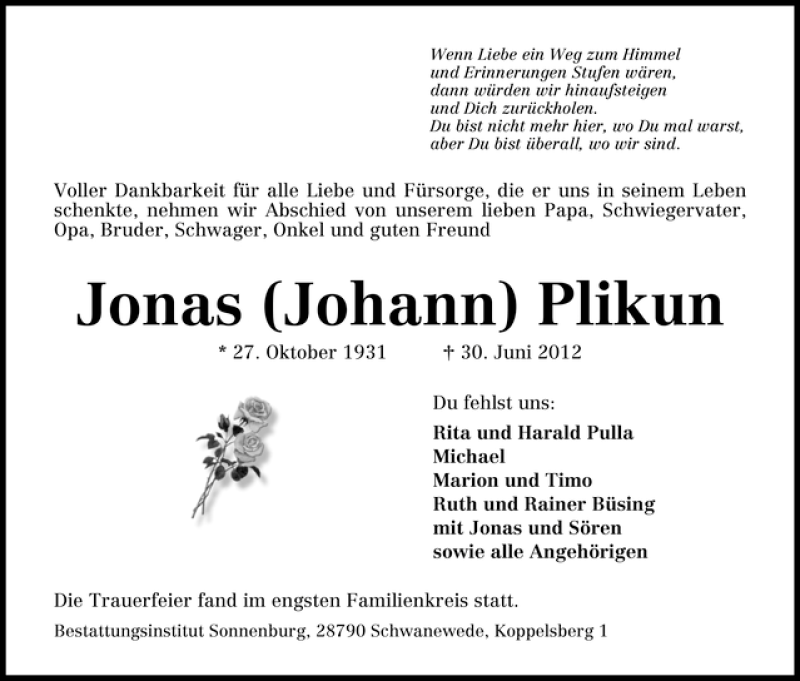 Traueranzeige von Johann Plikun von WESER-KURIER