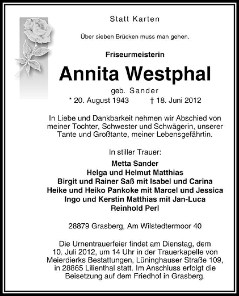 Traueranzeige von Annita Westphal von WESER-KURIER