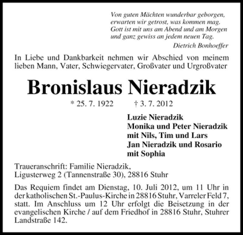 Traueranzeige von Bronislaus Nieradzik von WESER-KURIER