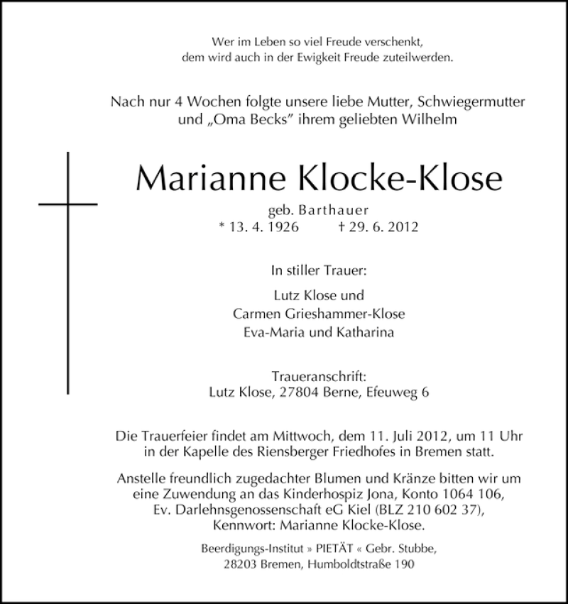 Traueranzeige von Marianne Klocke-Klose von WESER-KURIER