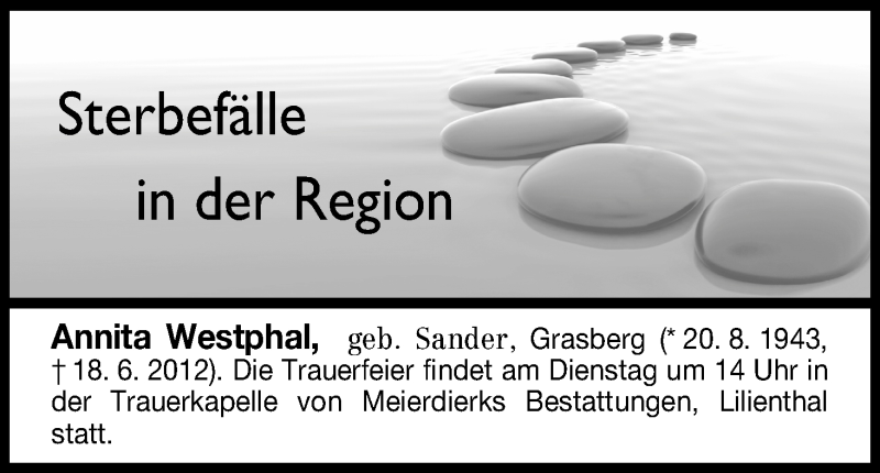 Traueranzeige von Annita Westphal von WESER-KURIER