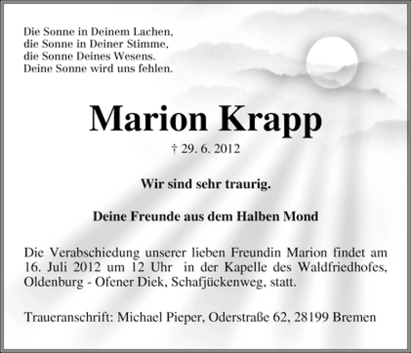 Traueranzeige von Marion Krapp von WESER-KURIER