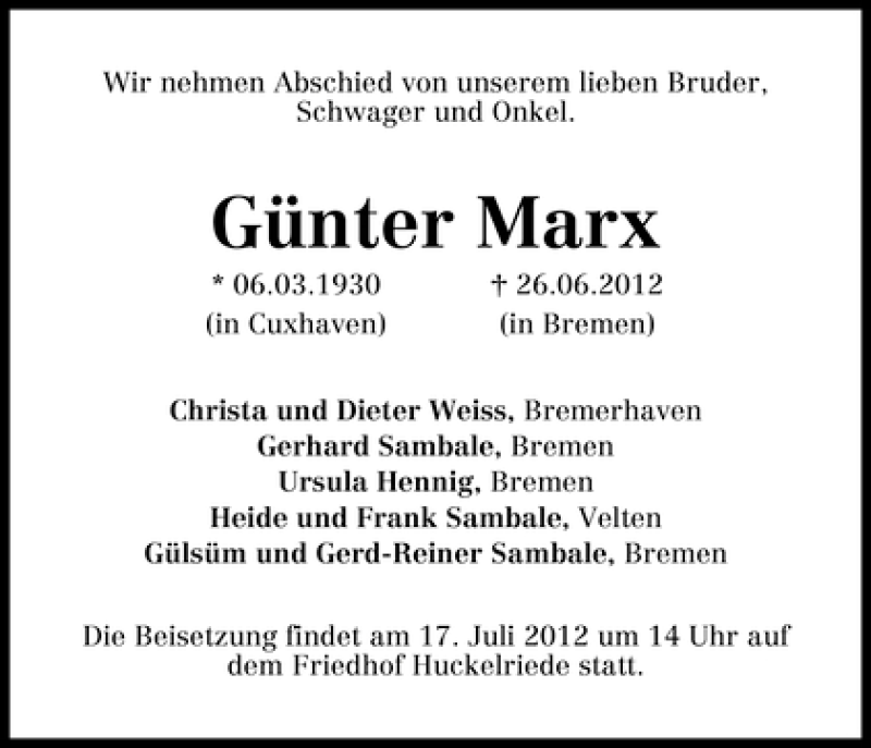 Traueranzeige von Günter Marx von WESER-KURIER