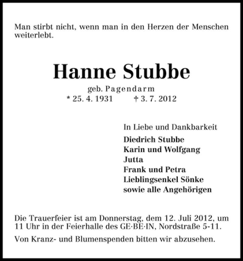 Traueranzeige von Hanne Stubbe von WESER-KURIER