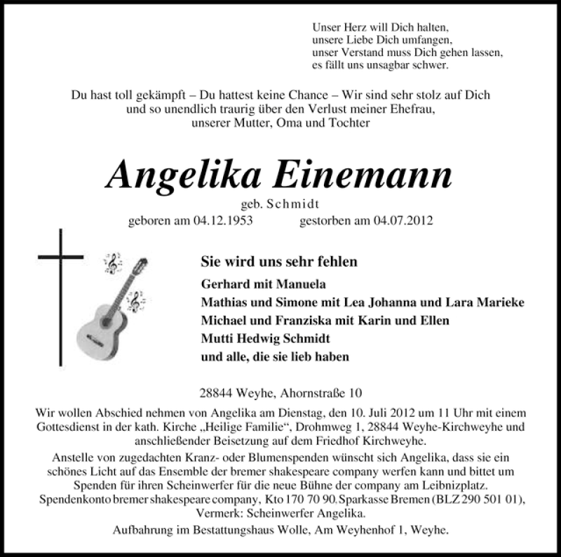 Traueranzeige von Angelika Einemann von WESER-KURIER