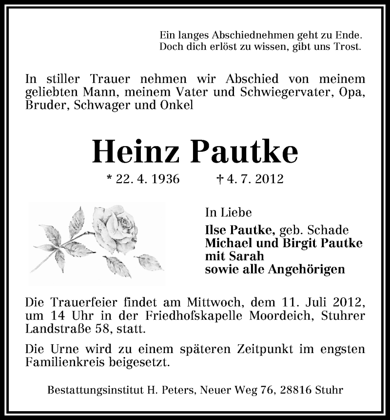 Traueranzeige von Heinz Pautke von WESER-KURIER