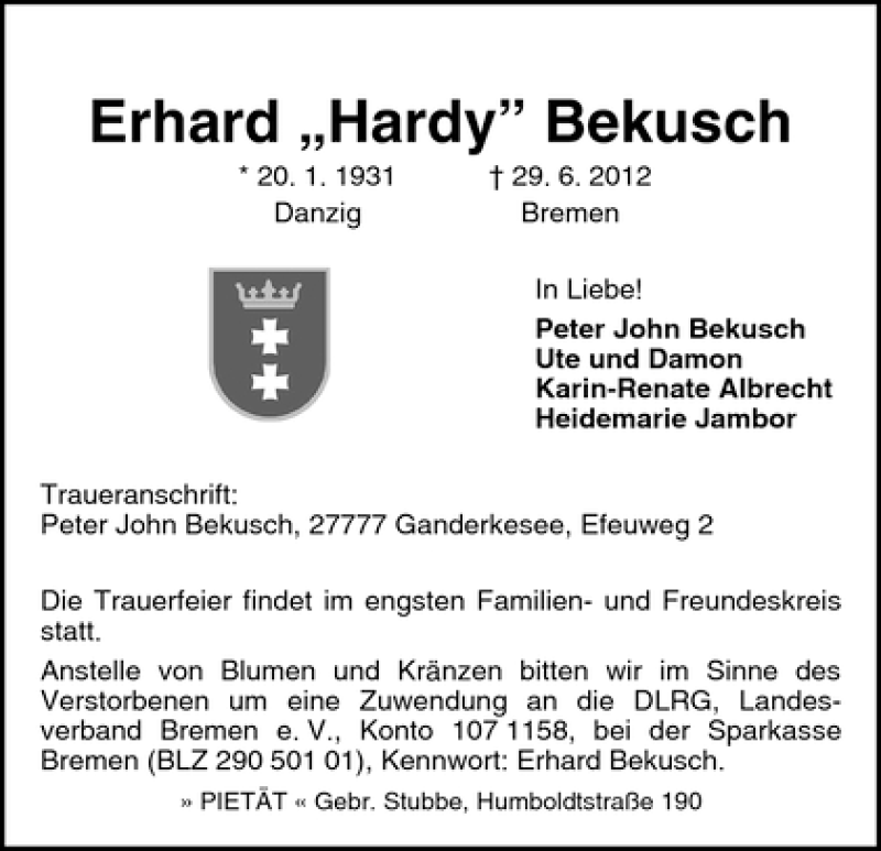Traueranzeige von Erhard Bekusch von WESER-KURIER