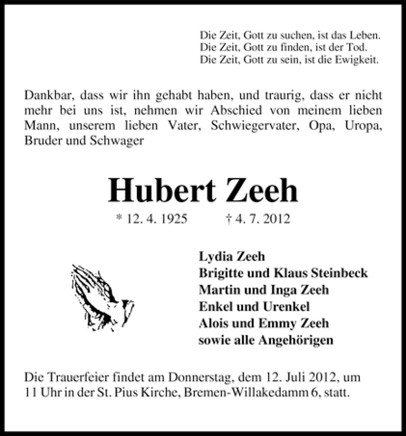Traueranzeige von Hubert Zeeh von WESER-KURIER