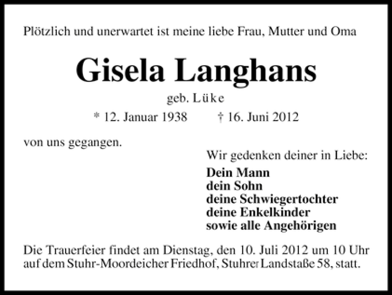 Traueranzeige von Gisela Langhans von WESER-KURIER