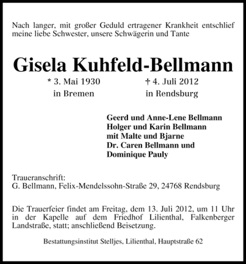 Traueranzeige von Gisela Kuhfeld-Bellmann von WESER-KURIER