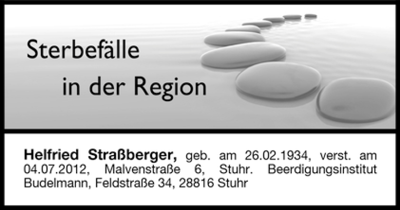 Traueranzeige von Helfried Straßberger von WESER-KURIER