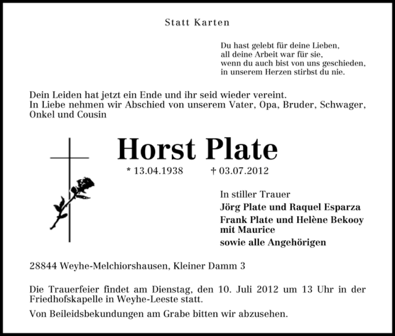 Traueranzeige von Horst Plate von WESER-KURIER