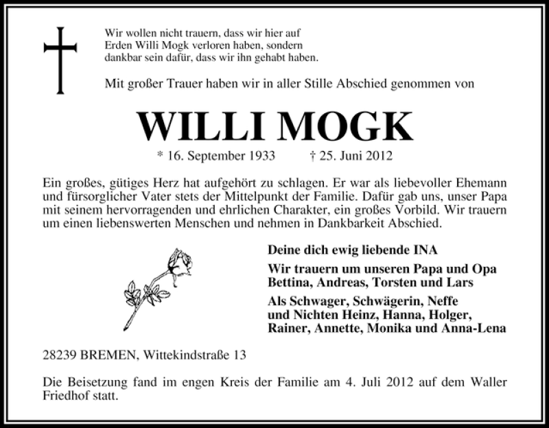 Traueranzeige von Willi Mogk von WESER-KURIER