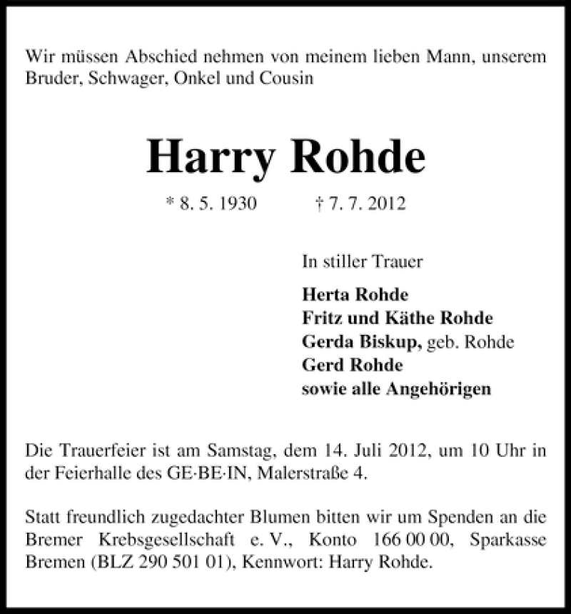 Traueranzeige von Harry Rohde von WESER-KURIER