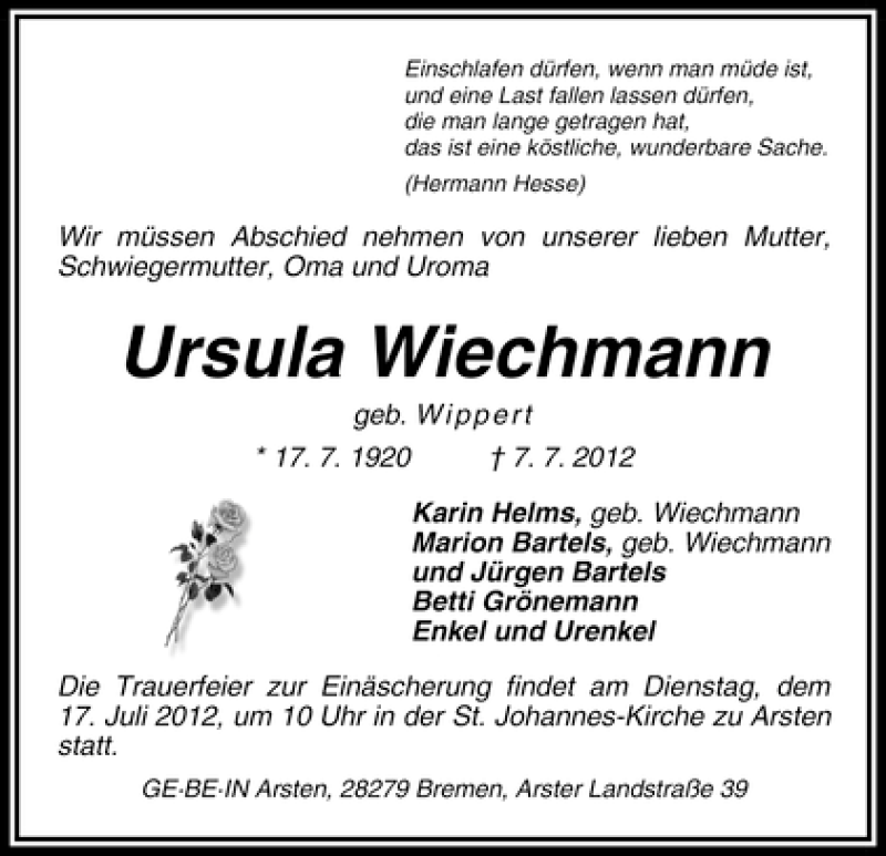 Traueranzeige von Ursula Wiechmann von WESER-KURIER