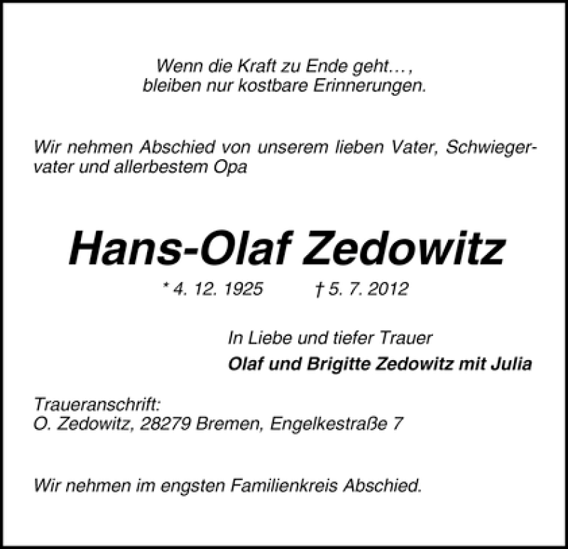 Traueranzeige von Hans-Olaf Zedowitz von WESER-KURIER