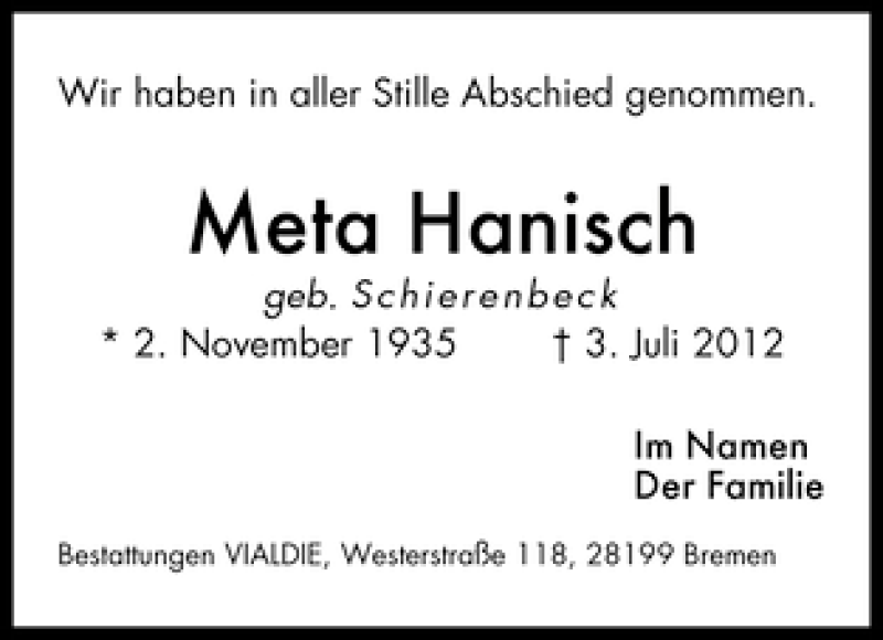 Traueranzeige von Meta Hanisch von WESER-KURIER
