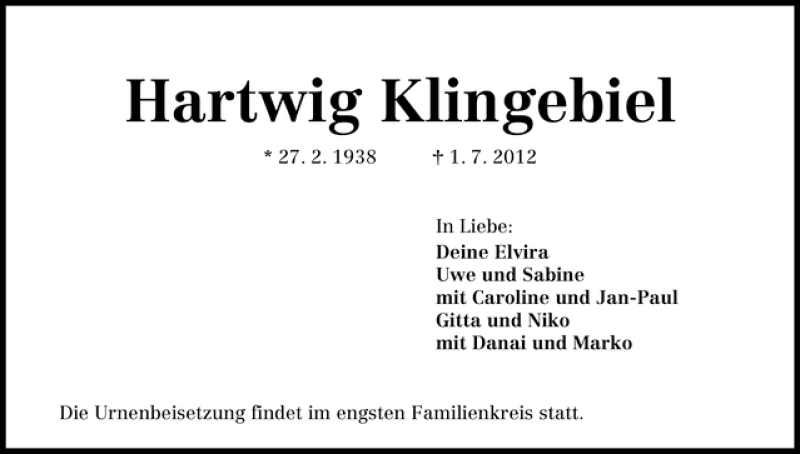 Traueranzeige von Hartwig Klingebiel von WESER-KURIER