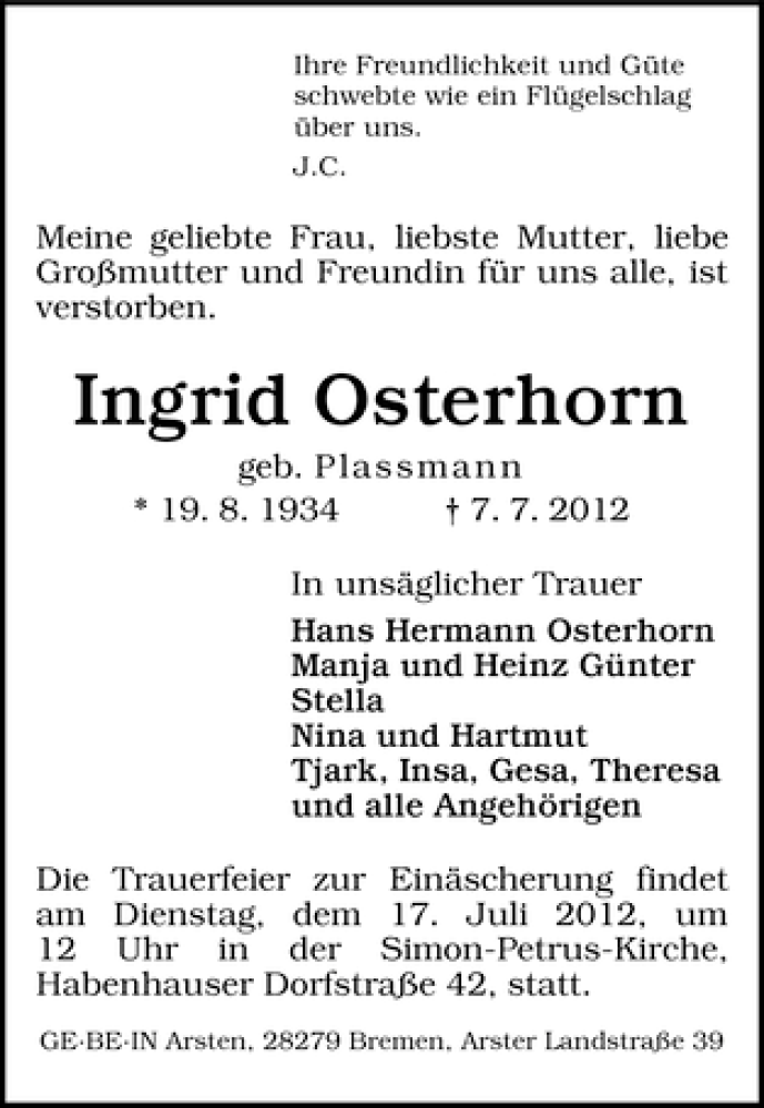Traueranzeige von Ingrid Osterhorn von WESER-KURIER