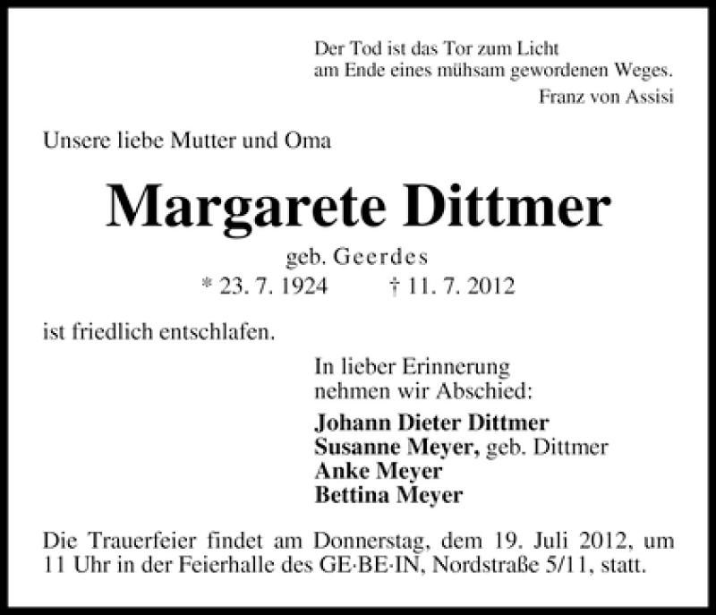 Traueranzeige von Margarete Dittmer von WESER-KURIER