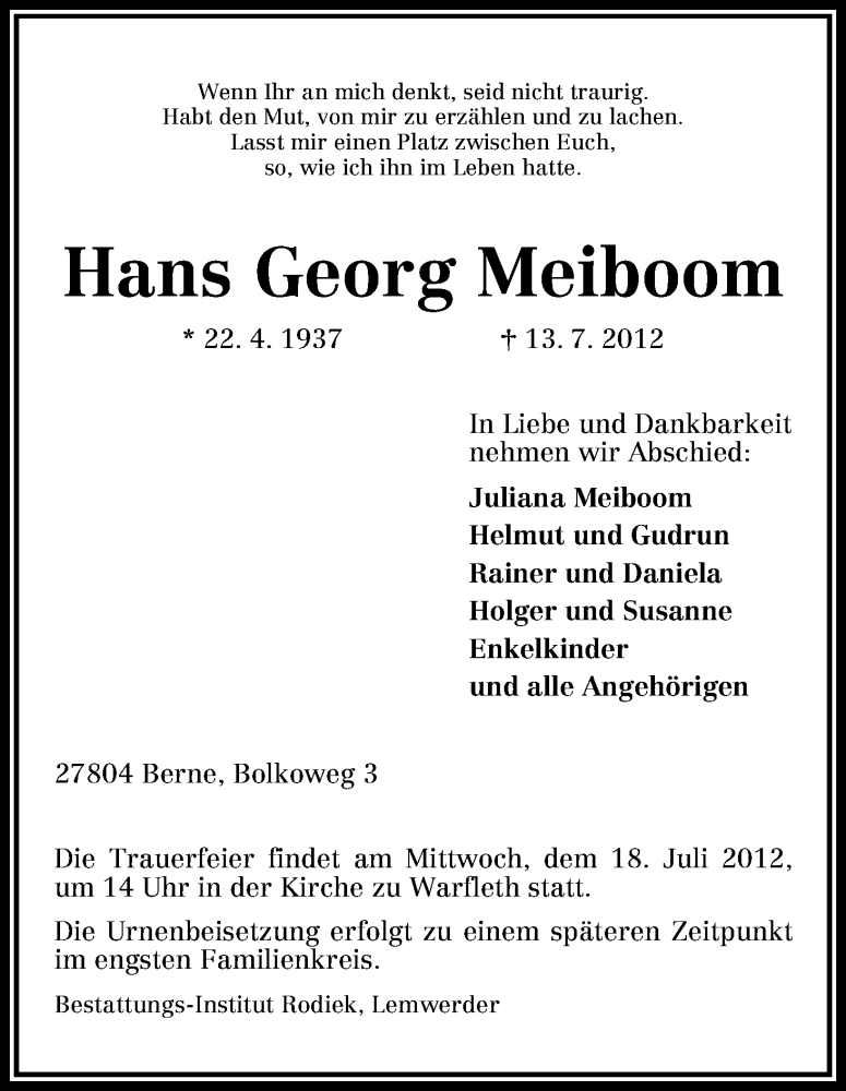 Traueranzeige von Hans Georg Meiboom von WESER-KURIER