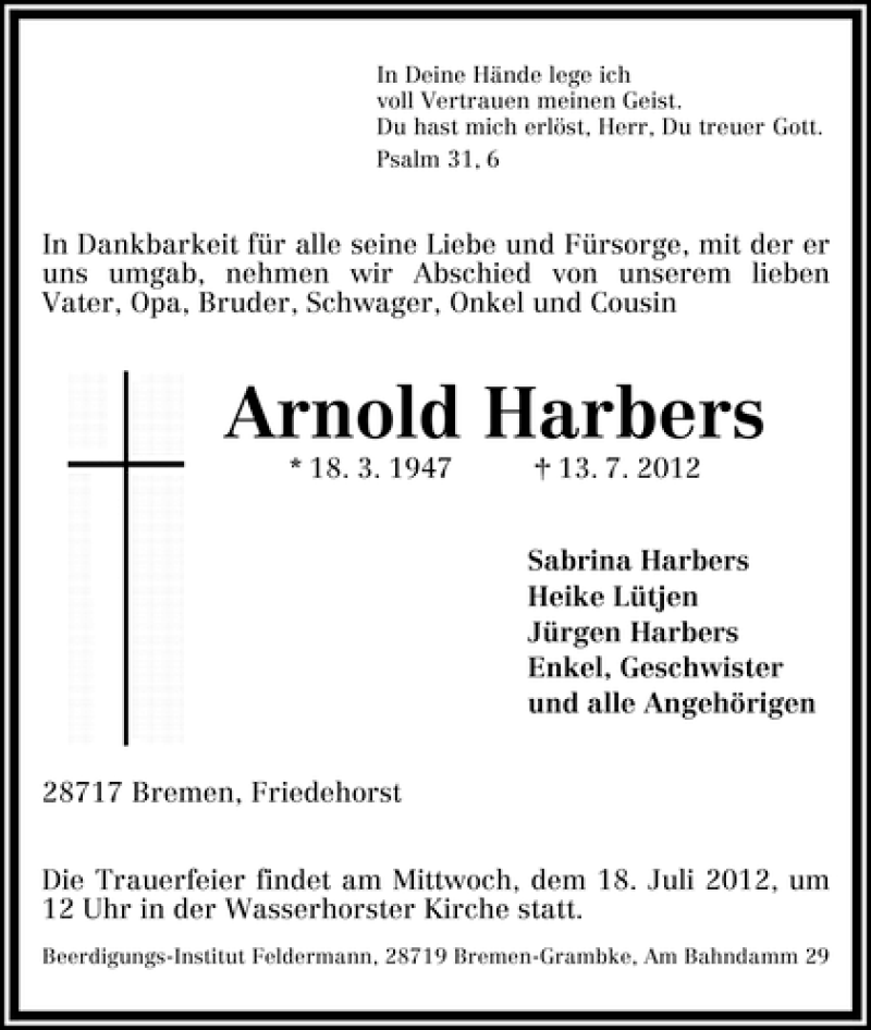 Traueranzeige von Arnold Harbers von WESER-KURIER