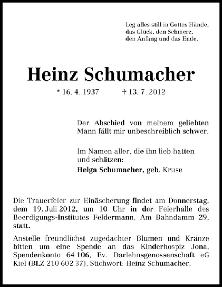 Traueranzeige von Heinz Schumacher von WESER-KURIER