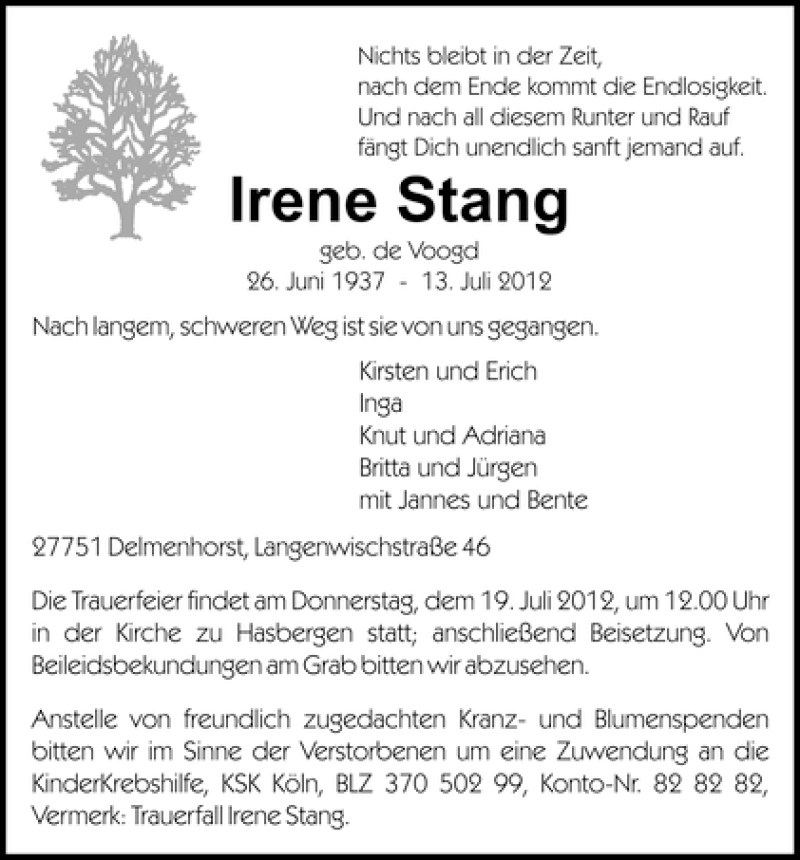 Traueranzeige von Irene Stang von WESER-KURIER