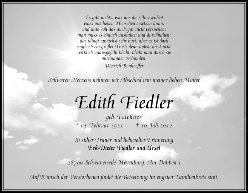 Traueranzeige von Edith Fiedler von WESER-KURIER