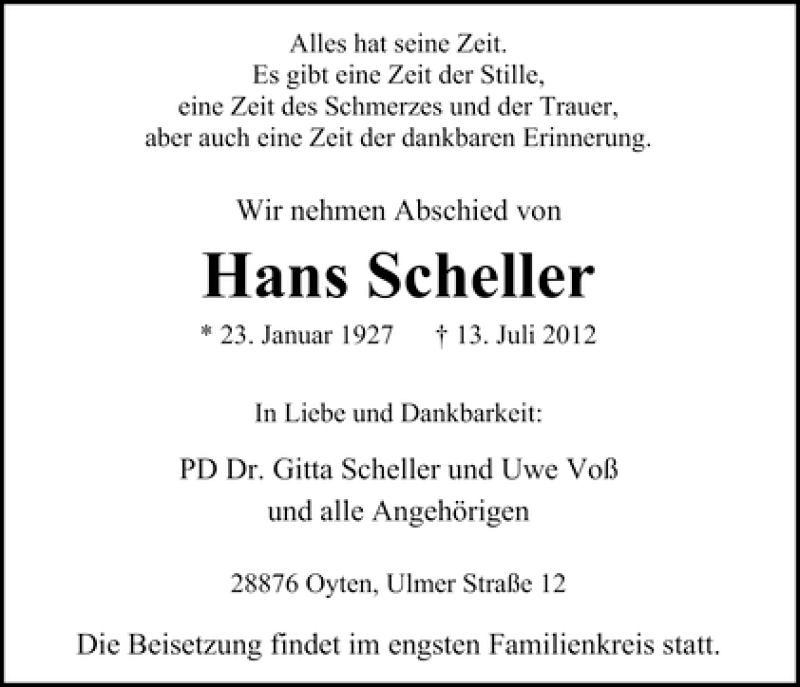 Traueranzeige von Hans Scheller von WESER-KURIER