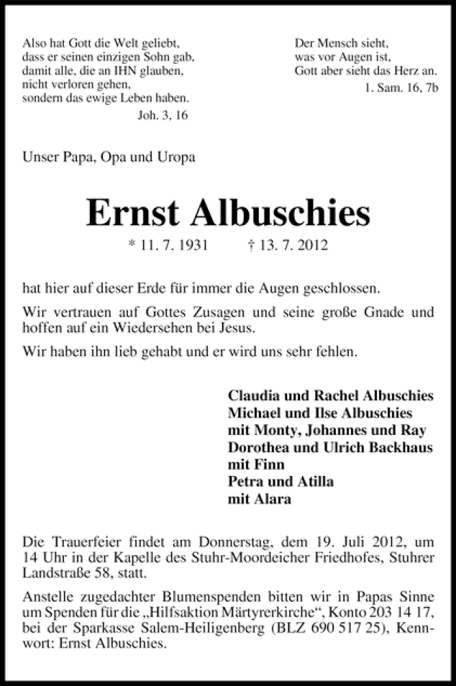 Traueranzeige von Ernst Albuschies von WESER-KURIER