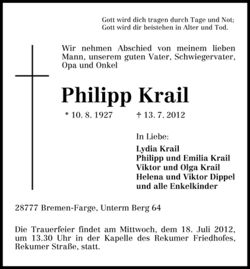 Traueranzeige von Philipp Krail von WESER-KURIER