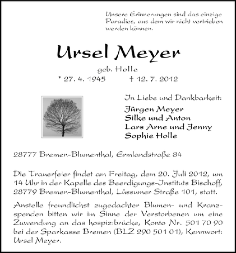 Traueranzeige von Ursel Meyer von WESER-KURIER