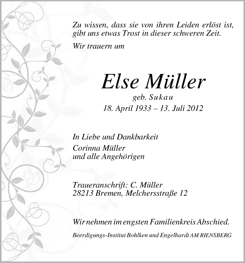 Traueranzeige von Else Müller von WESER-KURIER