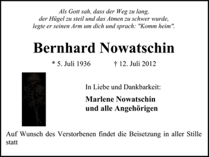 Traueranzeige von Bernhard Nowatschin von WESER-KURIER