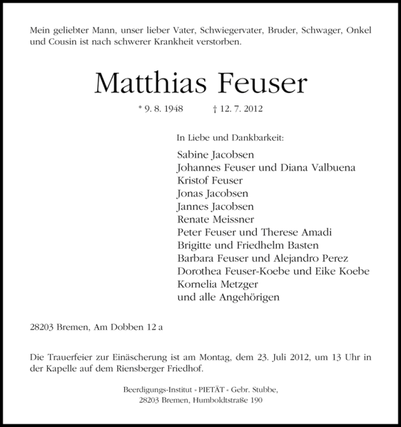 Traueranzeige von Matthias Feuser von WESER-KURIER