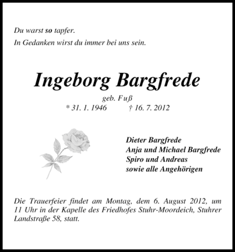 Traueranzeige von Ingeborg Bargfrede von WESER-KURIER