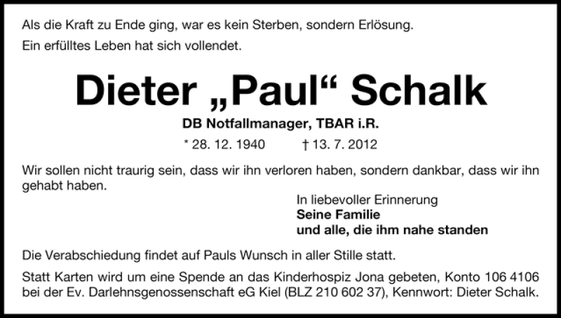 Traueranzeige von Dieter Schalk von WESER-KURIER