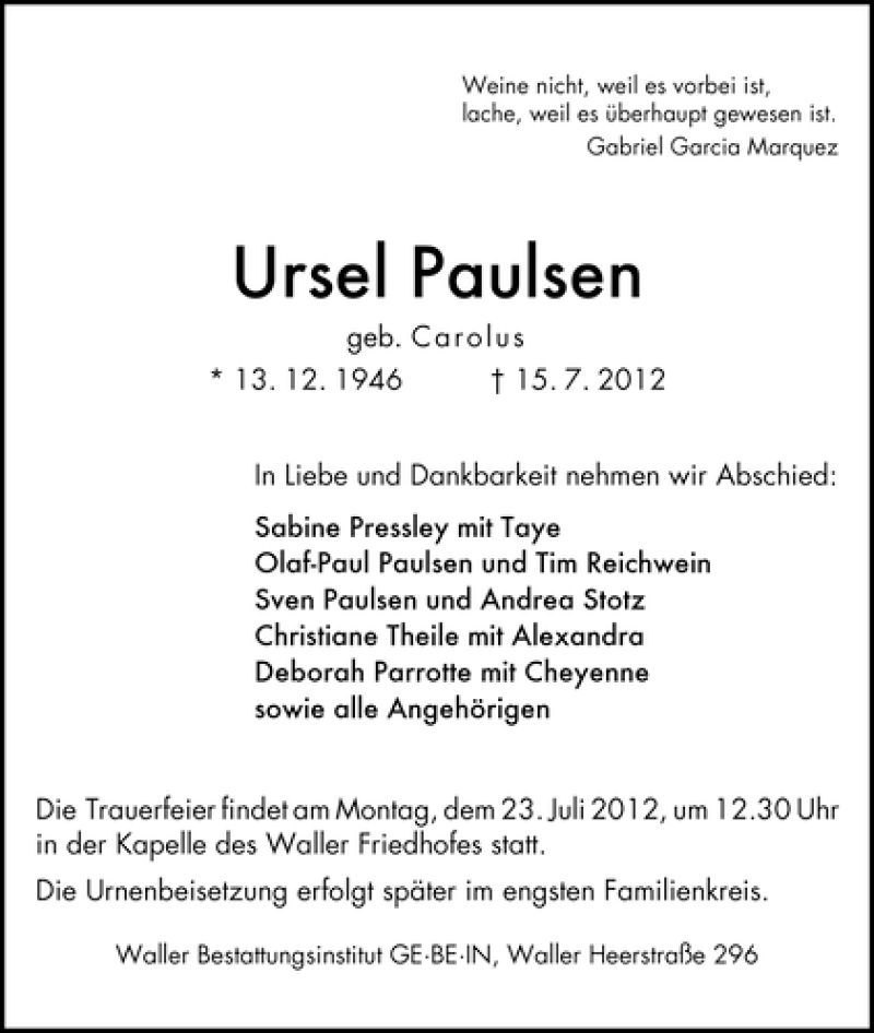 Traueranzeige von Ursel Paulsen von WESER-KURIER