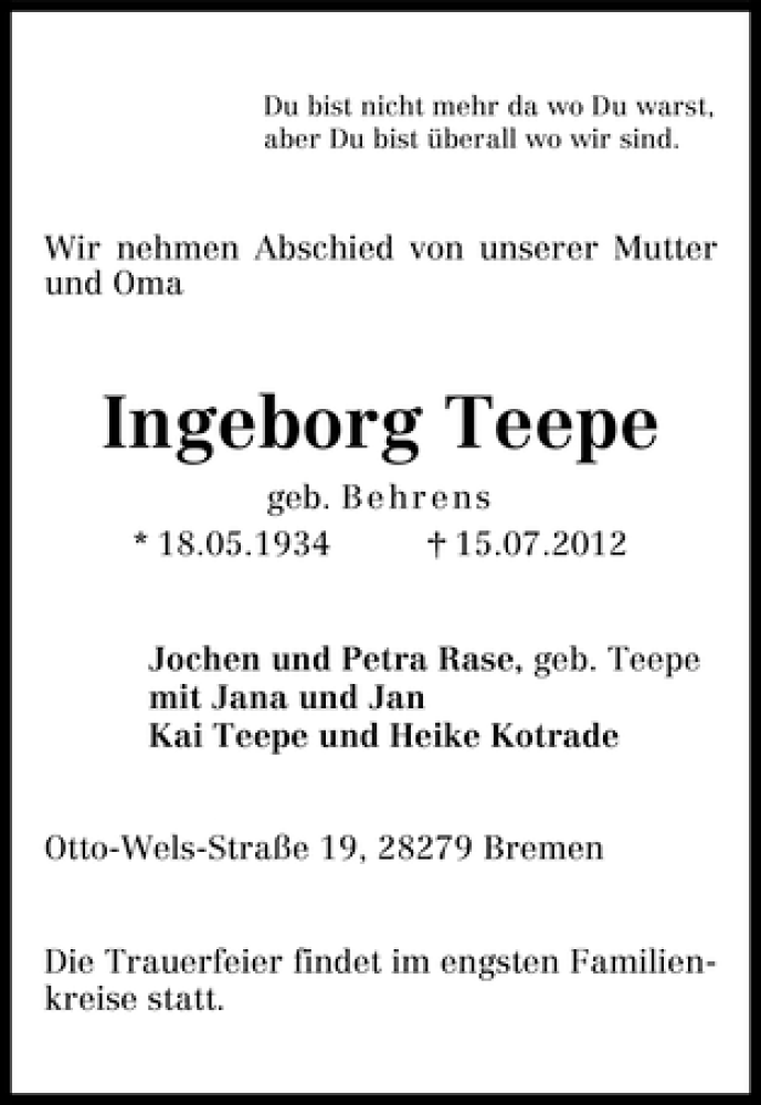 Traueranzeige von Ingeborg Teepe von WESER-KURIER