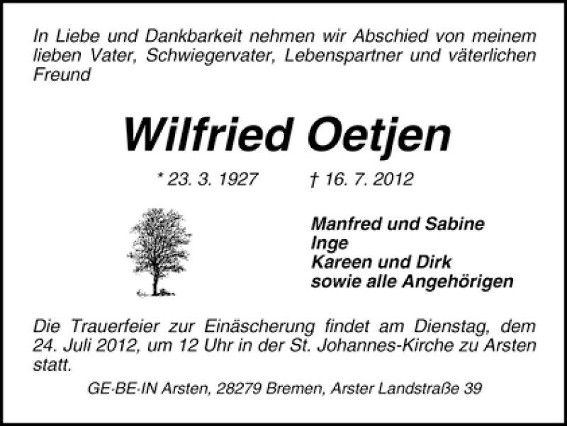 Traueranzeige von Wilfried Oetjen von WESER-KURIER