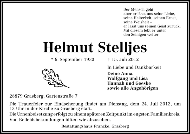 Traueranzeige von Helmut Stelljes von WESER-KURIER