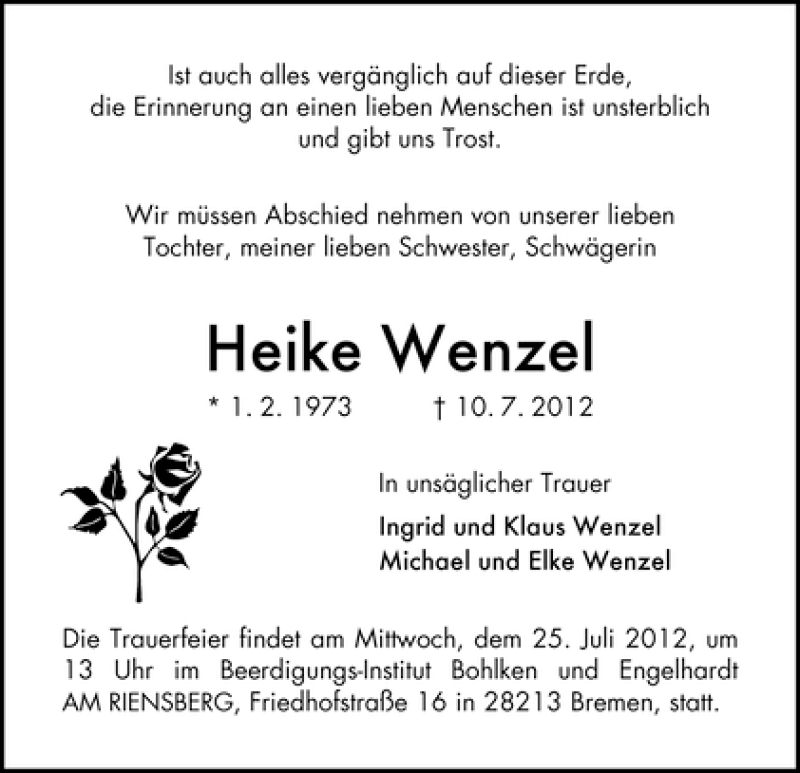 Traueranzeige von Heike Wenzel von WESER-KURIER