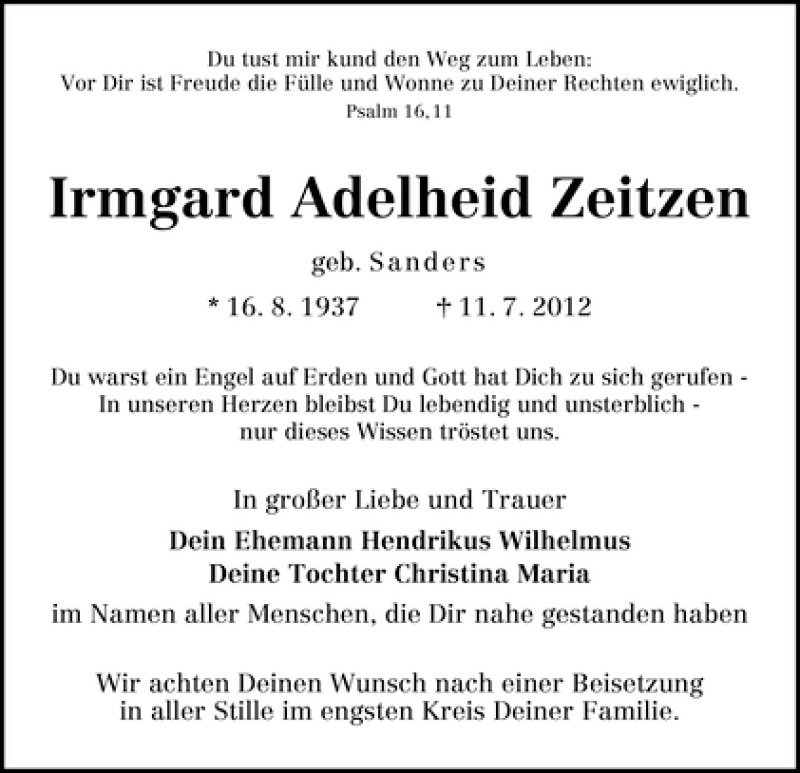 Traueranzeige von Irmgard Adelheid Zeitzen von WESER-KURIER