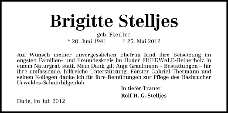Traueranzeige von Brigitte Stelljes von WESER-KURIER