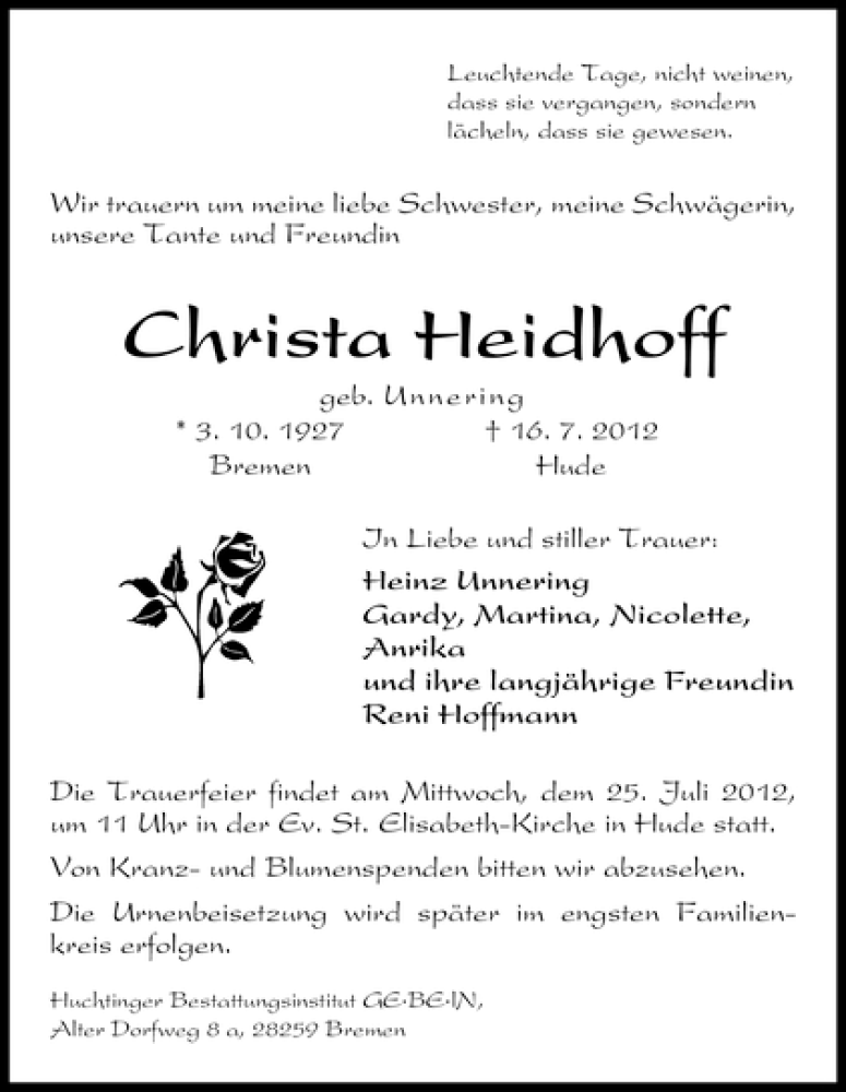 Traueranzeige von Christa Heidhoff von WESER-KURIER
