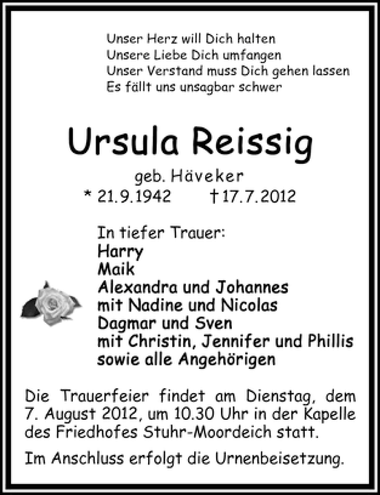 Traueranzeige von Ursula Reissig von WESER-KURIER