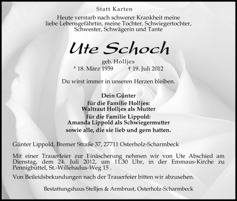 Traueranzeige von Ute Schoch von WESER-KURIER