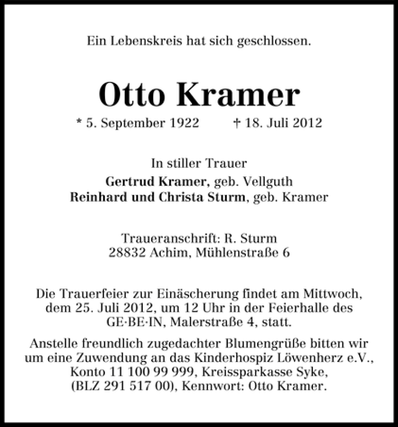 Traueranzeige von Otto Kramer von WESER-KURIER